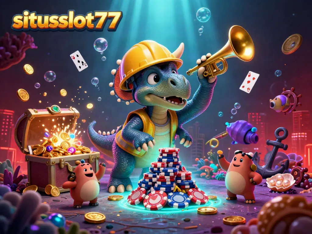 Experience the thrill of situsslot777 with vibrant characters celebrating amid gold coins and colorful gems.