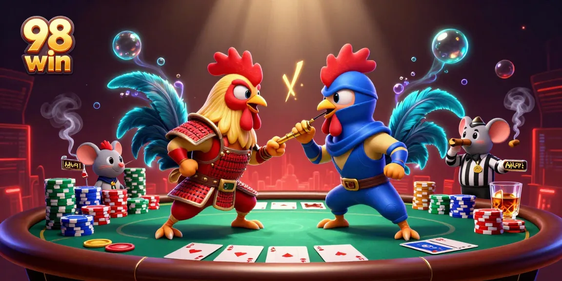 Engage with the dynamic duel between roosters in samurai and ninja gear at 98 win casino.