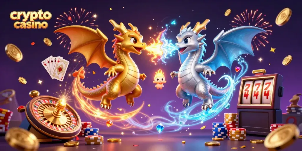 Experience excitement in this vibrant crypto casino illustration showcasing iconic gaming elements.