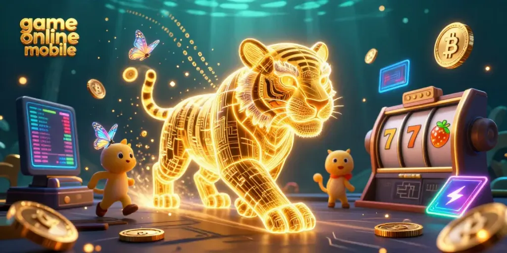 Permainan slot online mobile dengan harimau neon dan simbol keberuntungan dalam latar kasino digital.