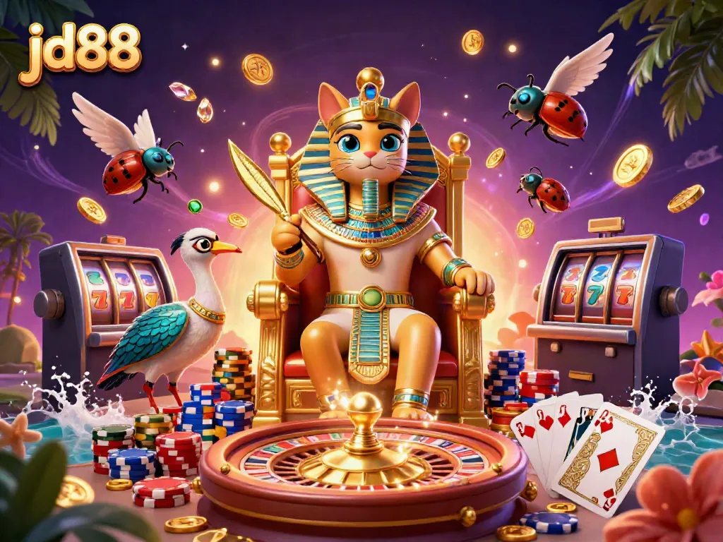Experience thrilling gaming at jd88 with a lavish casino scene featuring a pharaoh cat, gold coins, and poker chips.