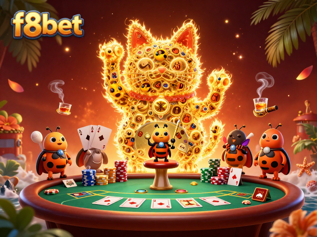 Engage in thrilling gameplay at f8bet with a vibrant lucky cat and a rich casino backdrop.
