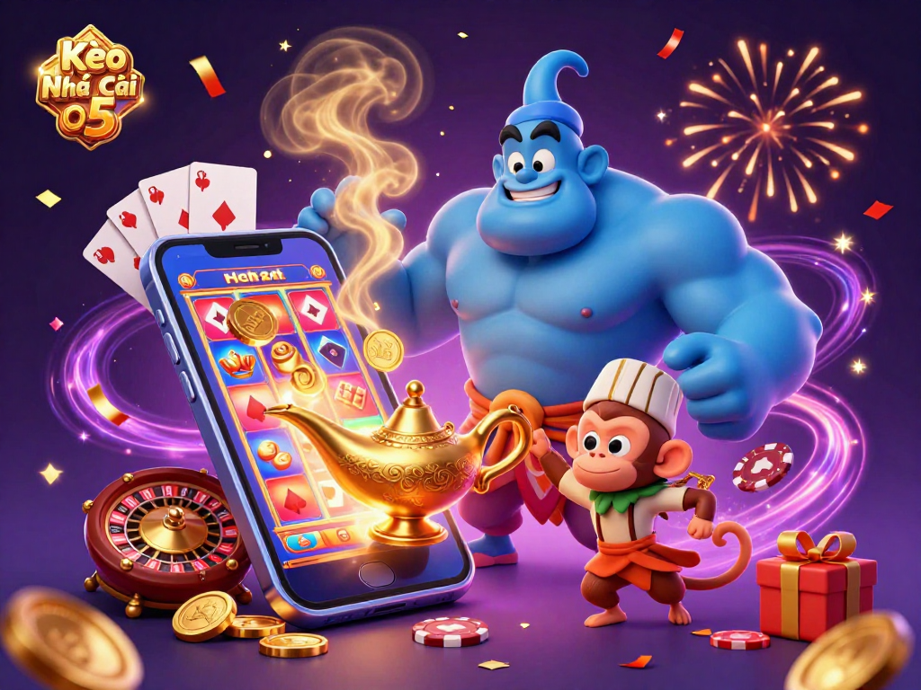 Kèo Nhà Cái 5 showcases a magical scene with a vibrant genie, poker chips, and a colorful slot game.