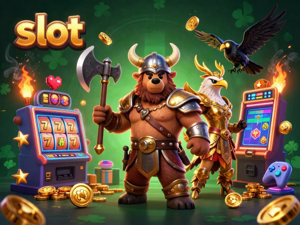 Memutar slot dengan karakter beruang Viking dan elang Valkyrie yang berani dalam suasana kasino.