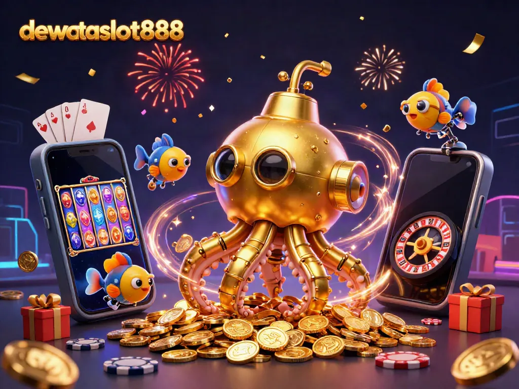 Menyambut kemenangan dengan dewataslot888, kapal kraken emas dan smartphone permainan slot berwarna-warni di lautan koin emas.