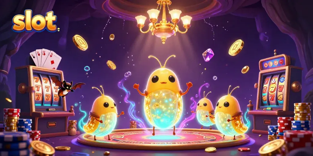 Permainan slot dengan karakter lucu dan dealer kelelawar di kasino bawah tanah yang bercahaya.