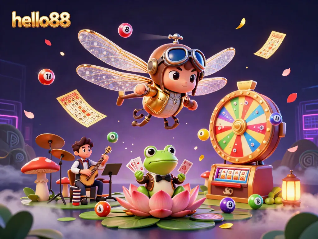 Engage with the enchanting hello88 casino scene featuring a dragonfly pilot and frog croupier