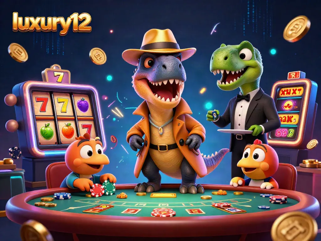 Engage with luxury12 at the dynamic casino scene featuring a velociraptor and friends at a blackjack table.