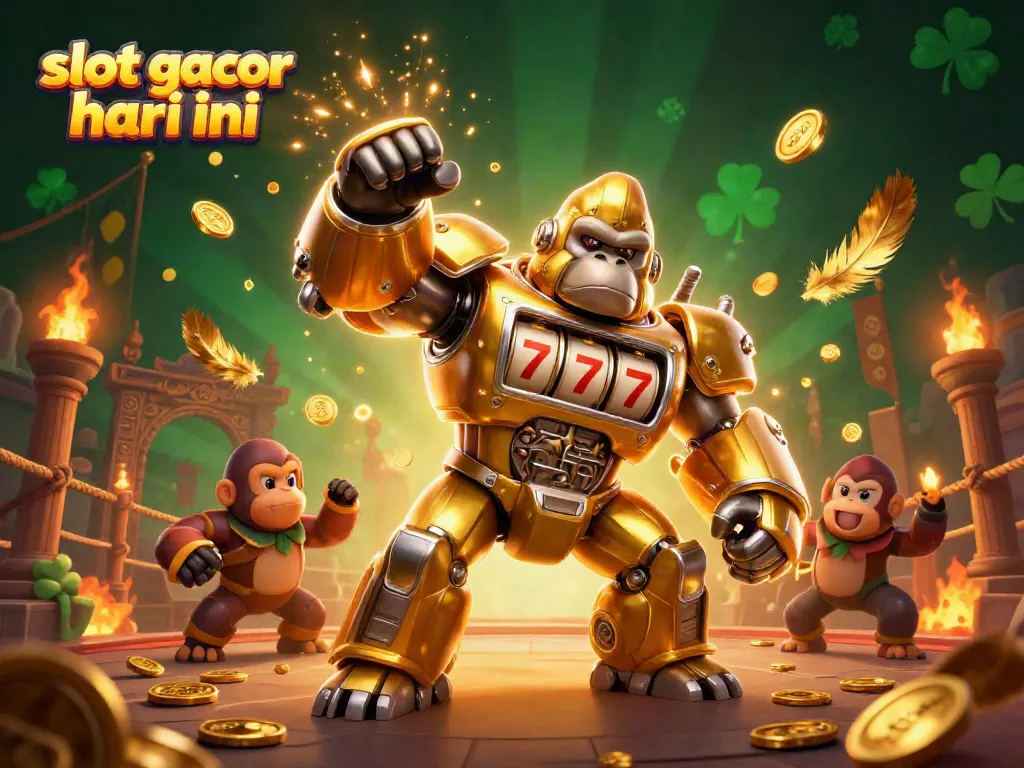 Slot gacor hari ini dengan mecha gorila emas yang menghancurkan slot mesin, banjir koin dan efek api.