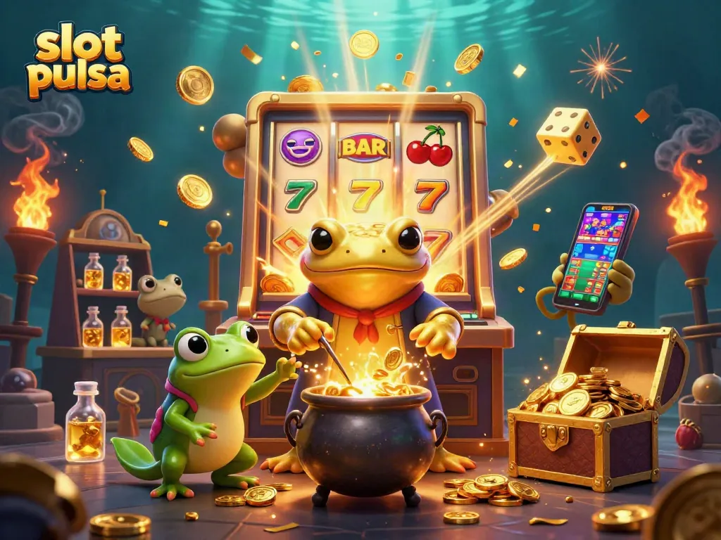 Engage with the thrilling slot pulsa experience as golden coins burst from a jackpot slot machine.