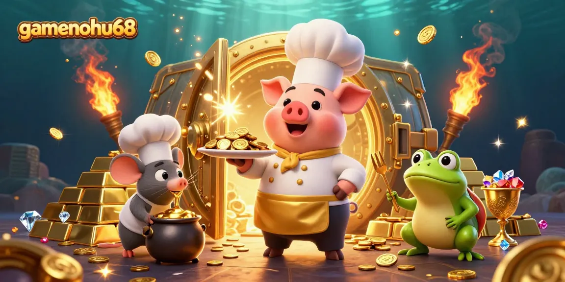 Experience the thrill of gamenohu68 with gourmet gold coin dishes served in an energetic casino scene.