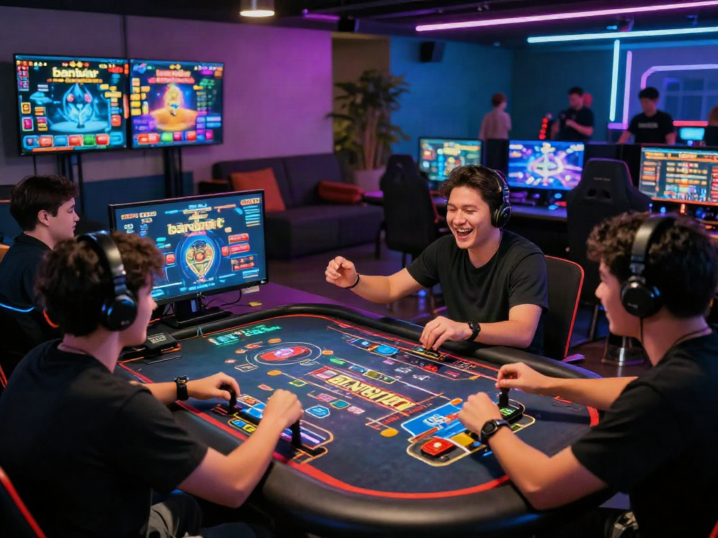Players celebrating wins in an engaging bandar slot gaming lounge.