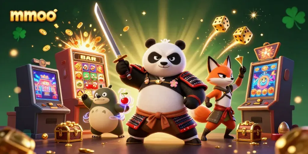 Win big with mmoo alongside a fierce panda samurai and ninja fox in a vibrant casino scene.