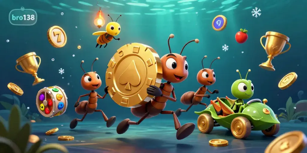 Join the ants of bro138 in a thrilling heist for a giant poker chip amid dynamic slot elements.