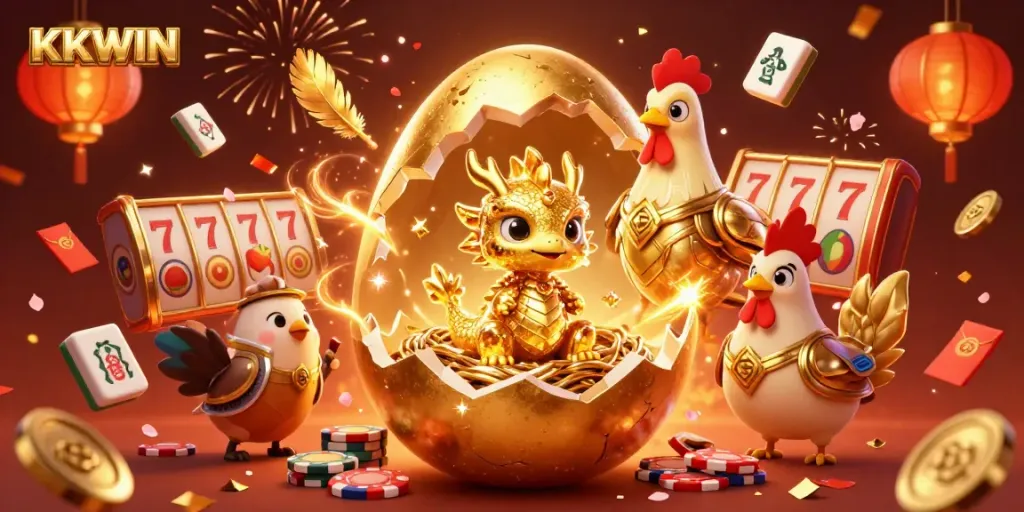 Engage with KKWIN and enjoy a dazzling, animated casino scene featuring a golden dragon.