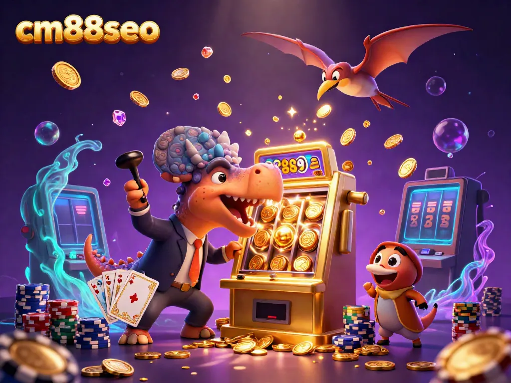 Experience the thrill of cm88seo with dinosaurs playing slots and winning jackpots in a vibrant casino scene.
