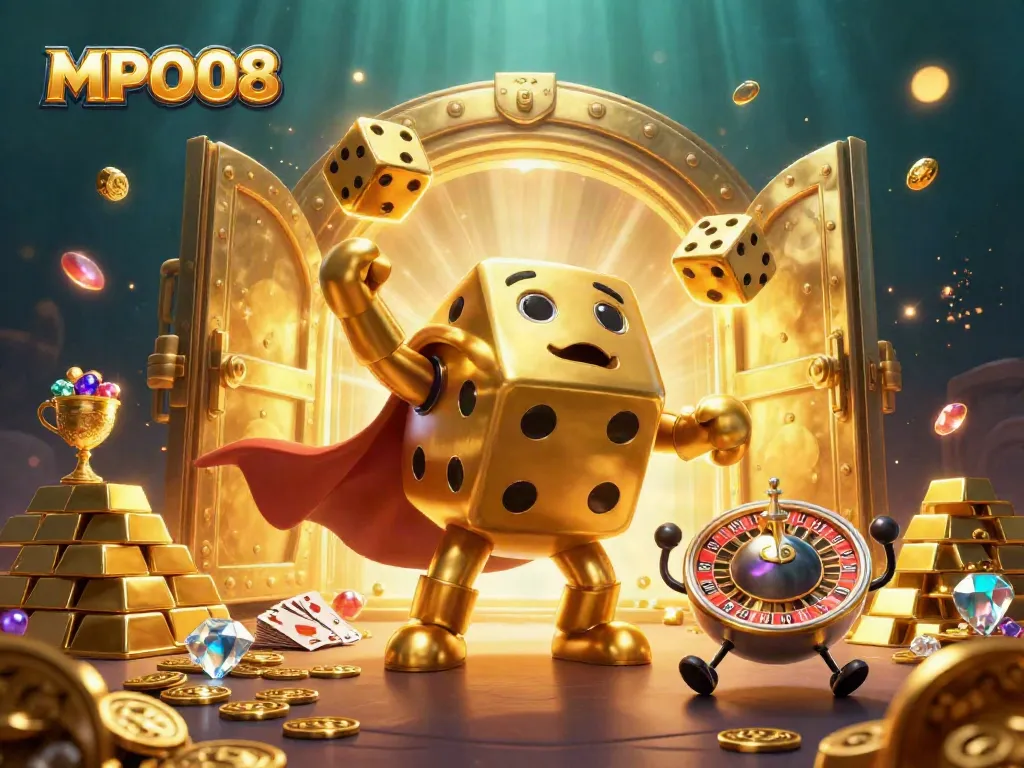 Experience the thrill of MPO08 with a golden dice golem and treasure as central figures.