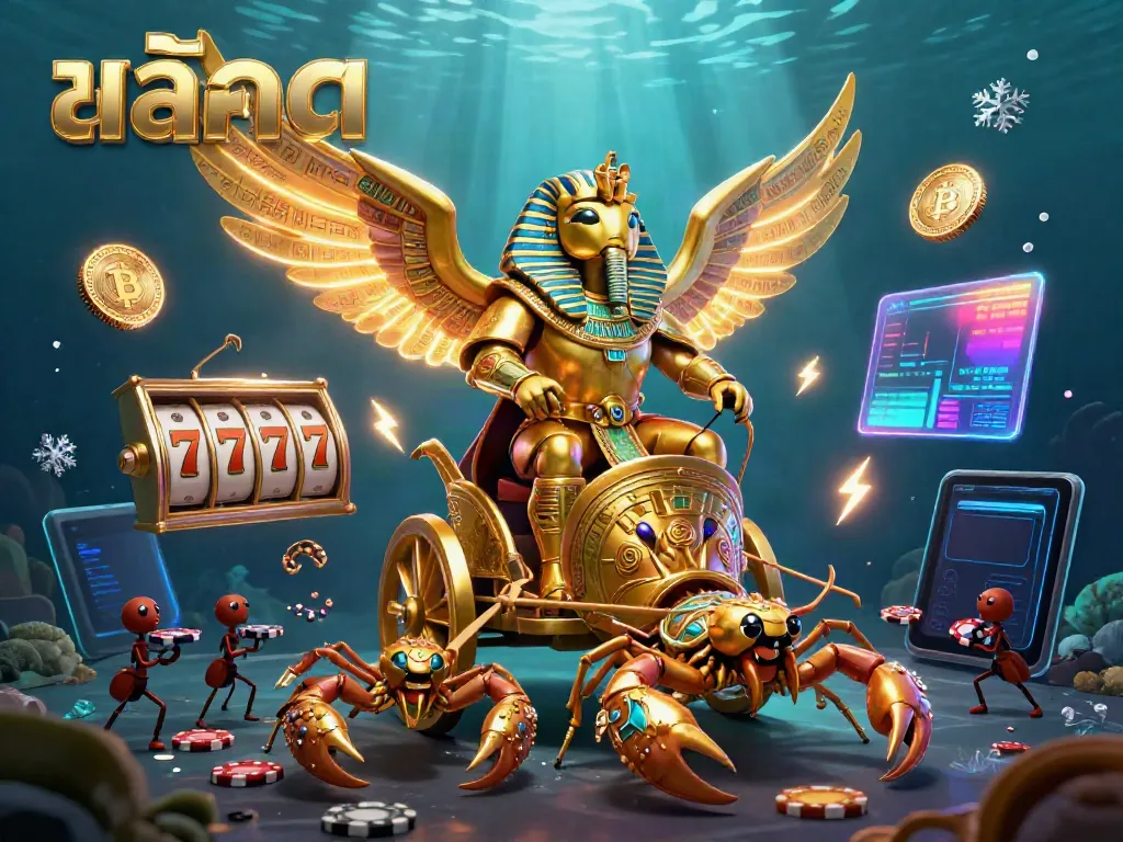 Engage in สล็อต action with a golden beetle in a colorful casino scene, featuring vibrant slots and cryptocurrency elements.