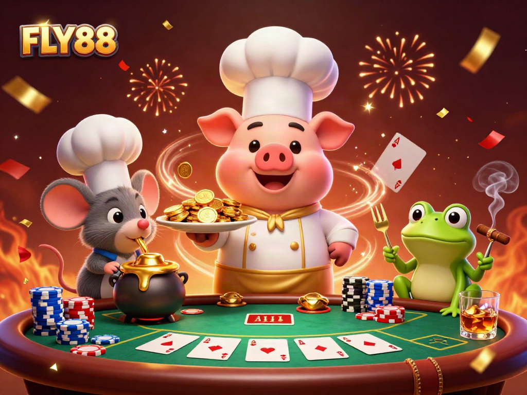 FLY88 features a vibrant casino scene with characters engaging in thrilling card games.