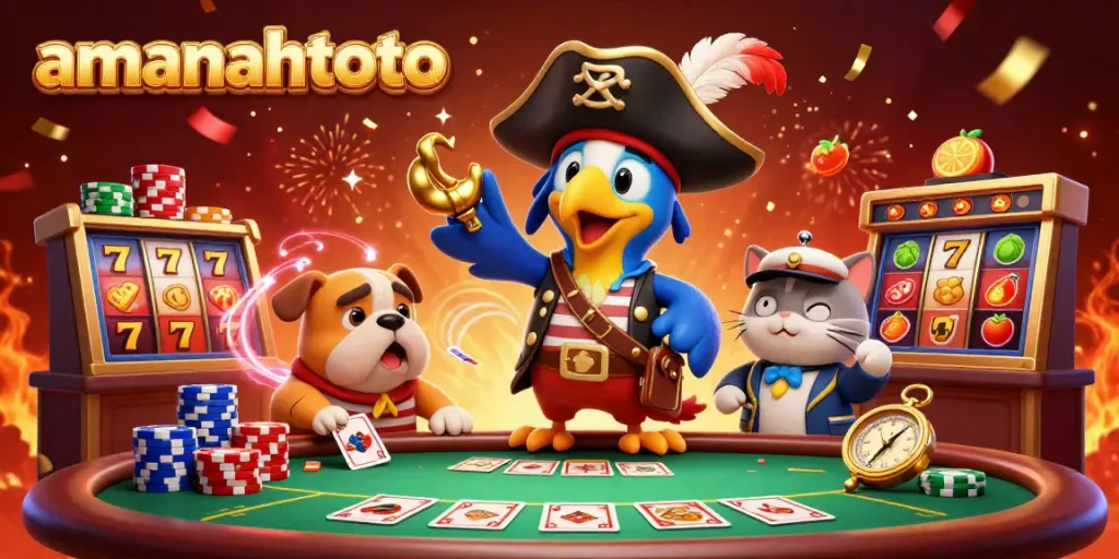 Gambarkan momen menyenangkan bermain amanahtoto dengan suasana kasino, karakter ceria dan simbol slot unik.