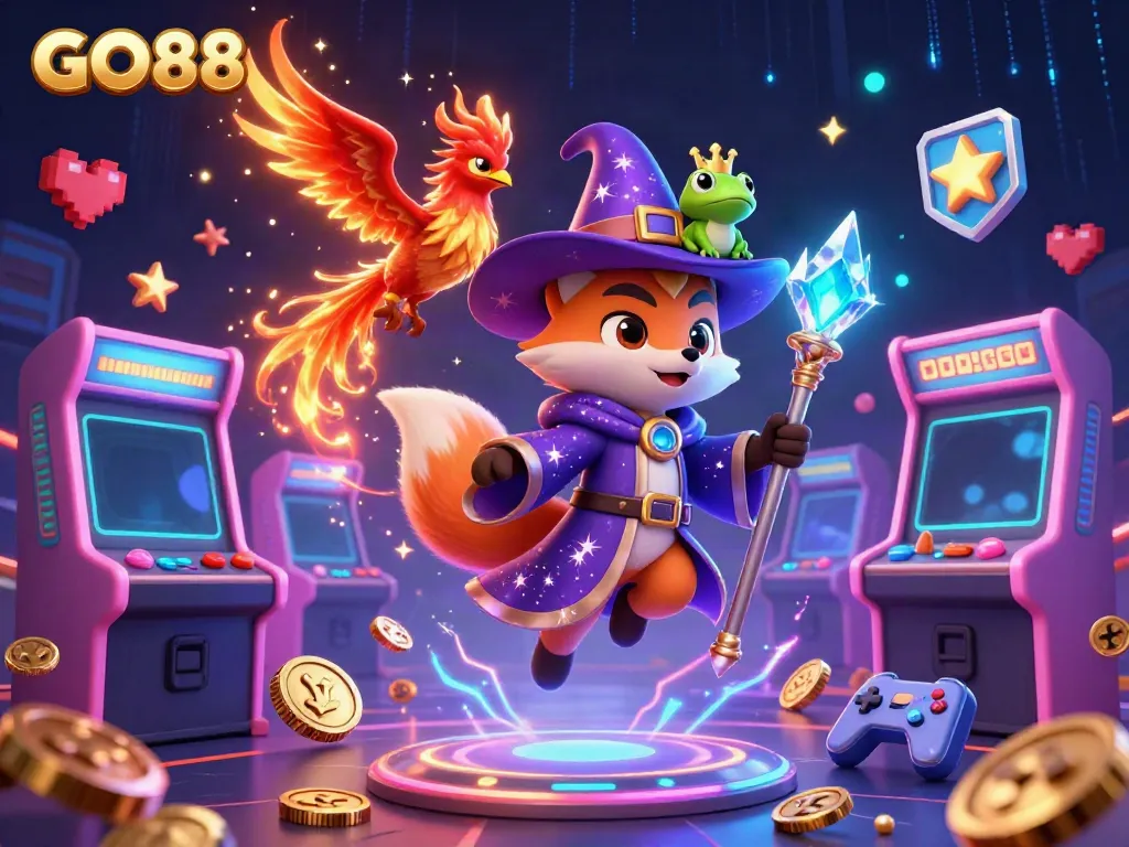 Experience the thrilling games at GO88 with a vibrant 3D casino illustration featuring fantasy characters and exciting arcade elements.
