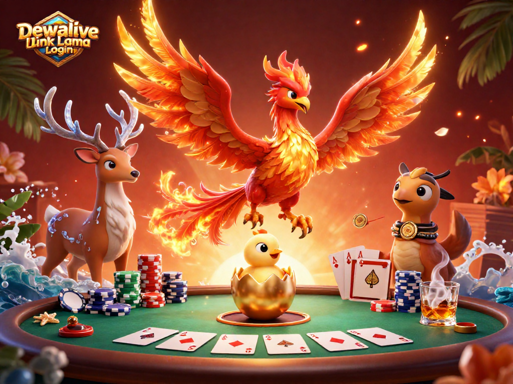 Dewalive Link Lama Login ignites excitement with a vibrant 3D casino scene filled with poker elements.