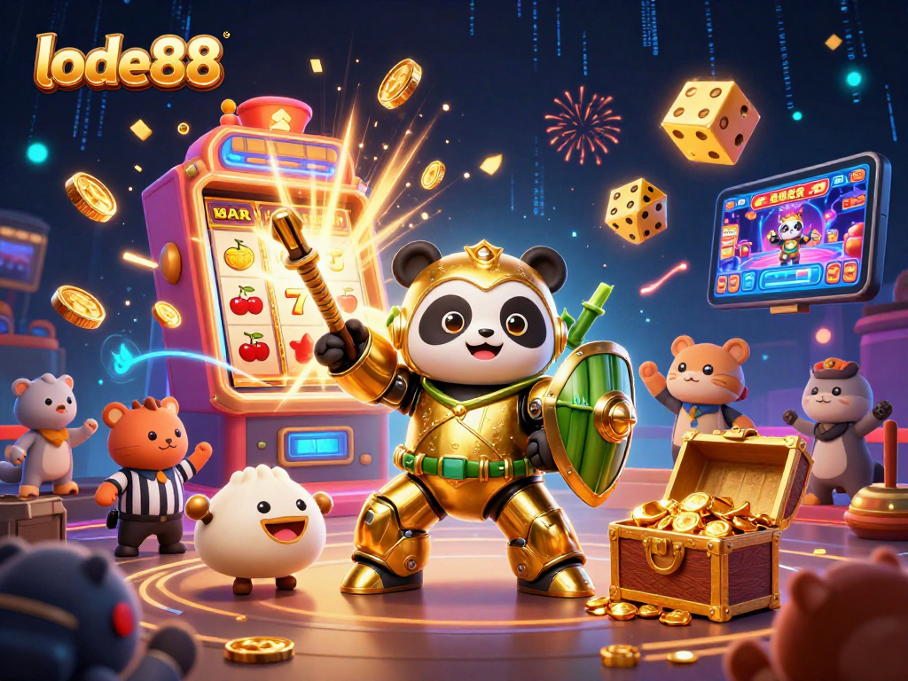 Experience the thrilling lode88 jackpot with a cartoon mech-suit panda in an energetic casino scene.