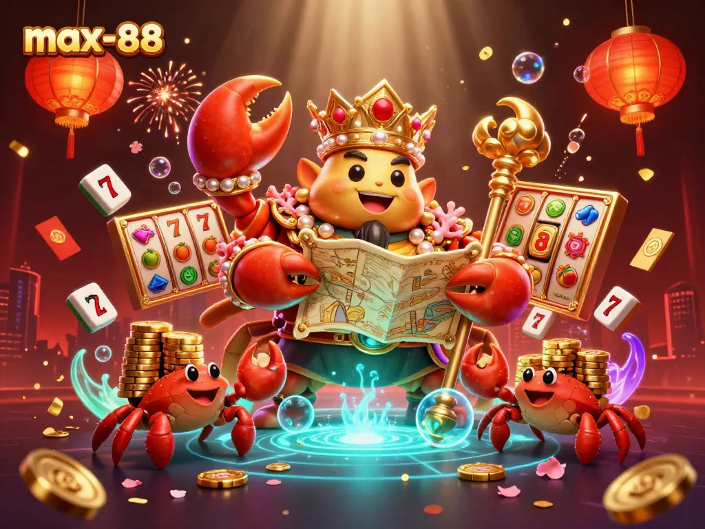 Max-88 showcases its thrilling slots with a golden crab emperor, vibrant game elements, and rich casino atmosphere.