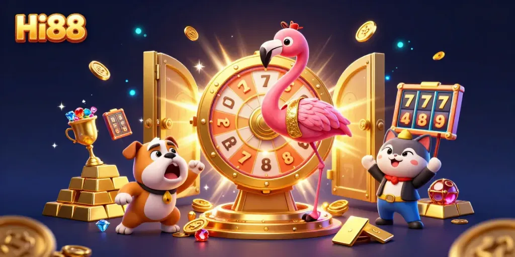 Hi88 spins the prize wheel with exciting decorations, showcasing vibrant casino elements.