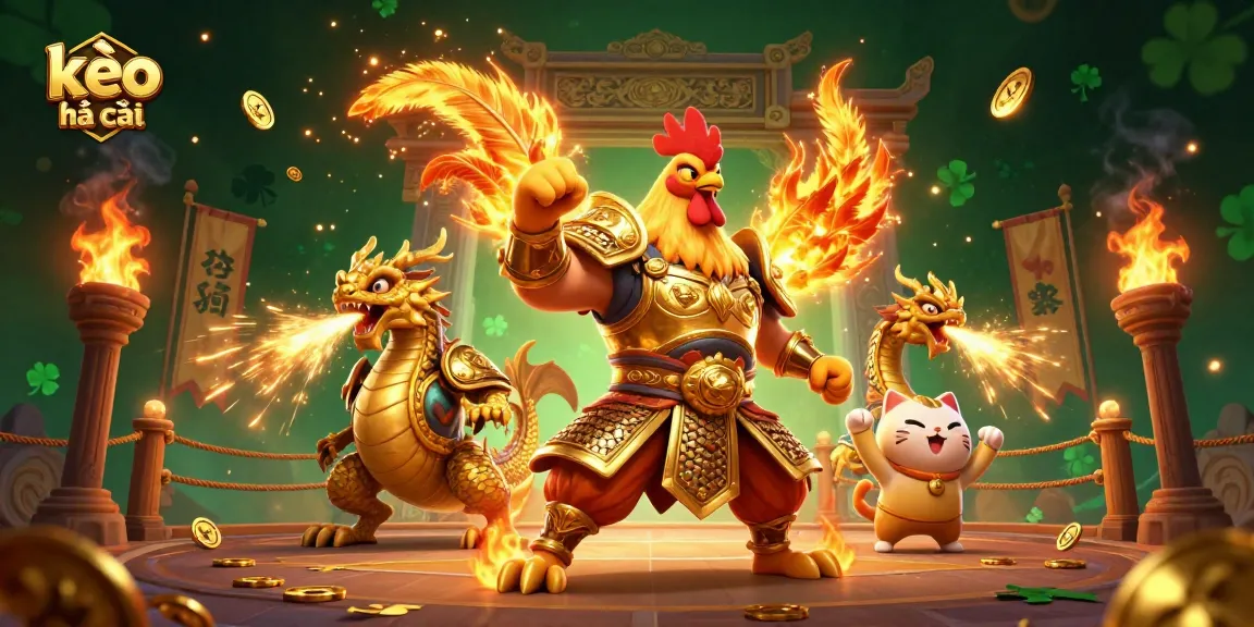 Engage in kèo nhà cái with a mesmerizing 3D illustration of a fighting rooster, dragon hatchling, and fortune cat.