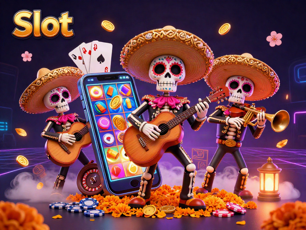 Engage with dynamic Slot game visuals alongside a colorful mariachi band illustration.