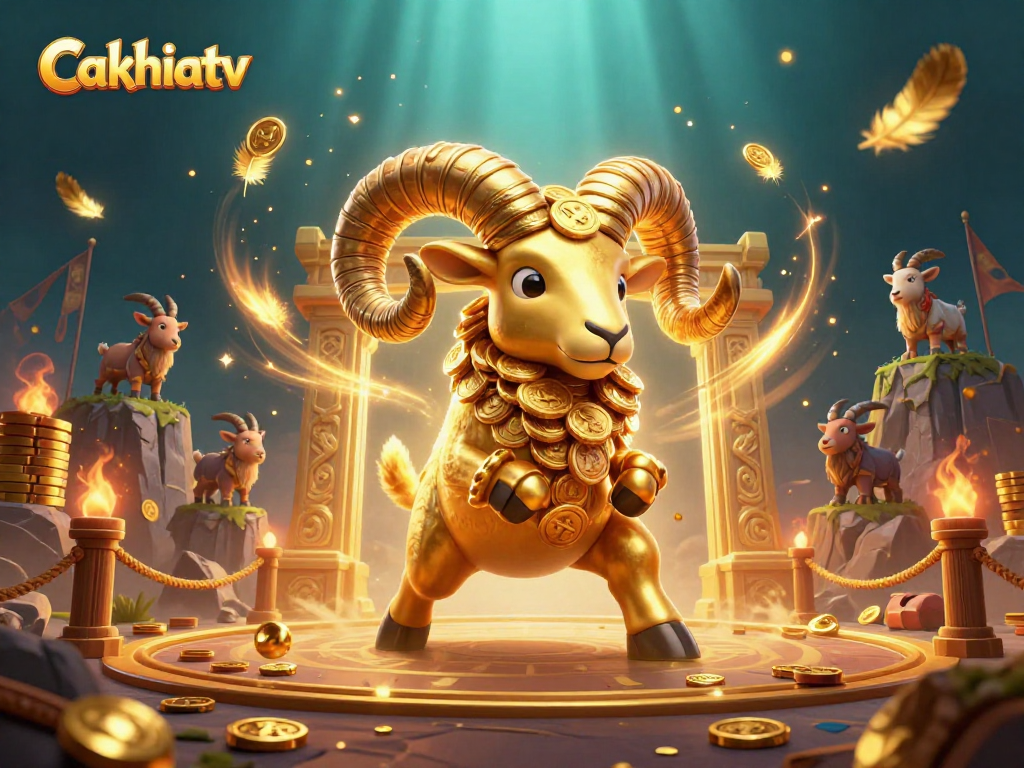 Cakhiatv's dynamic casino scene features a golden ram charging at a gate surrounded by vibrant casino elements.