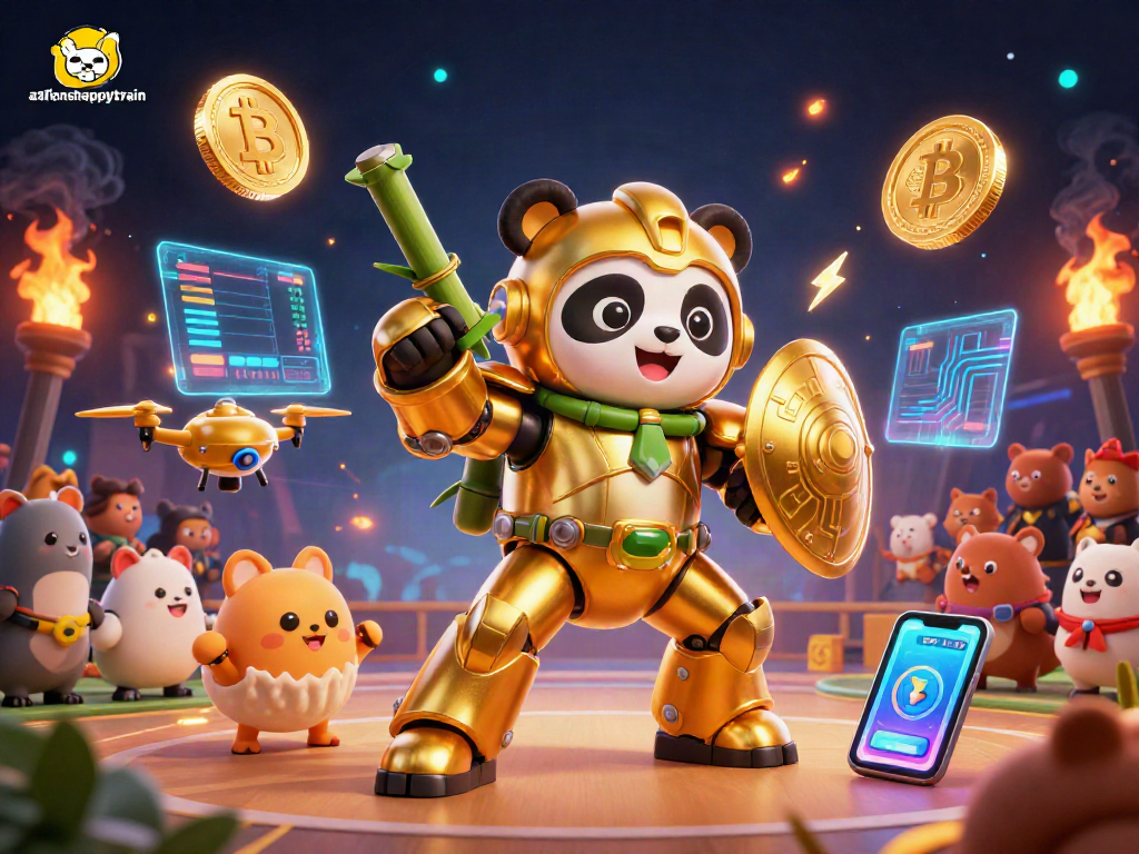 Engage in thrilling action at the athenshappytrain arena with mech-suit panda and crypto elements.