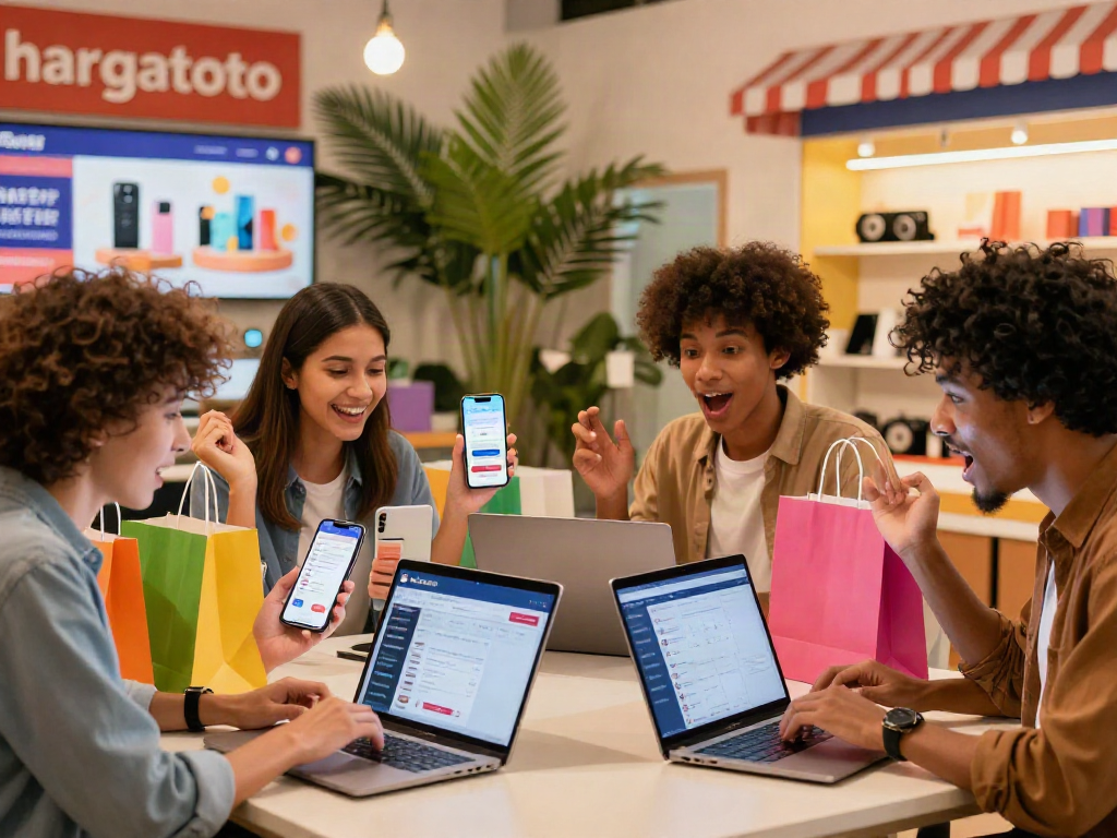 Group of online shoppers exploring hargatoto e-commerce platforms with excitement