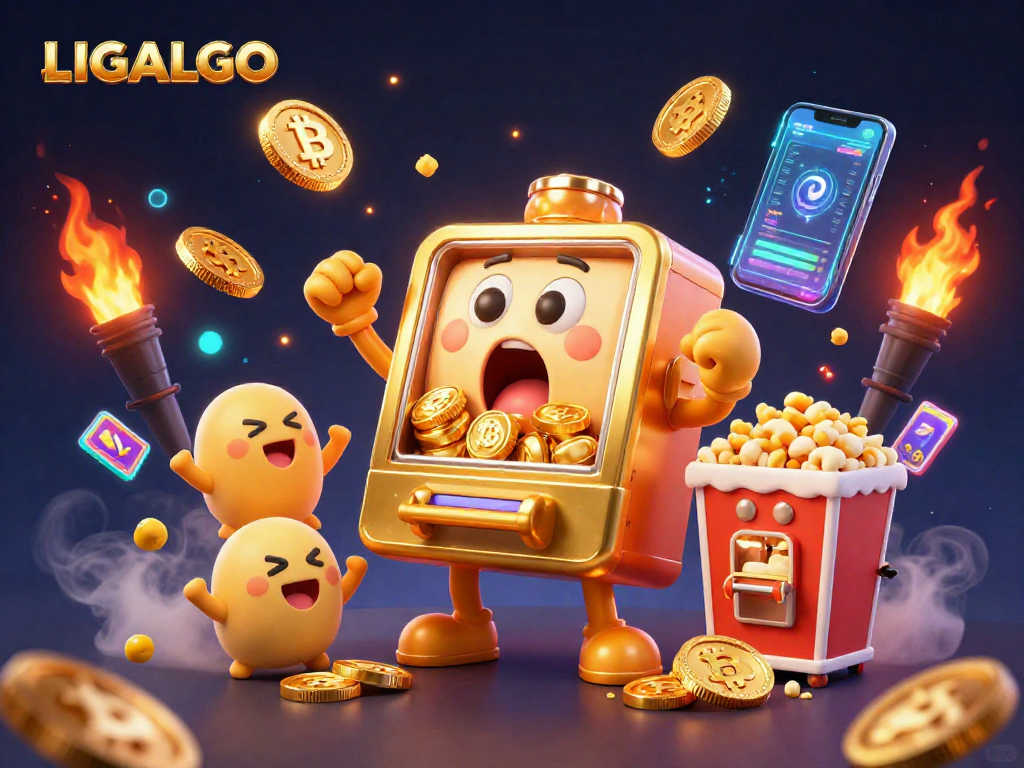 LIGALGO showcases an exciting scene of a slot machine hitting a jackpot, surrounded by crypto elements and cheer.