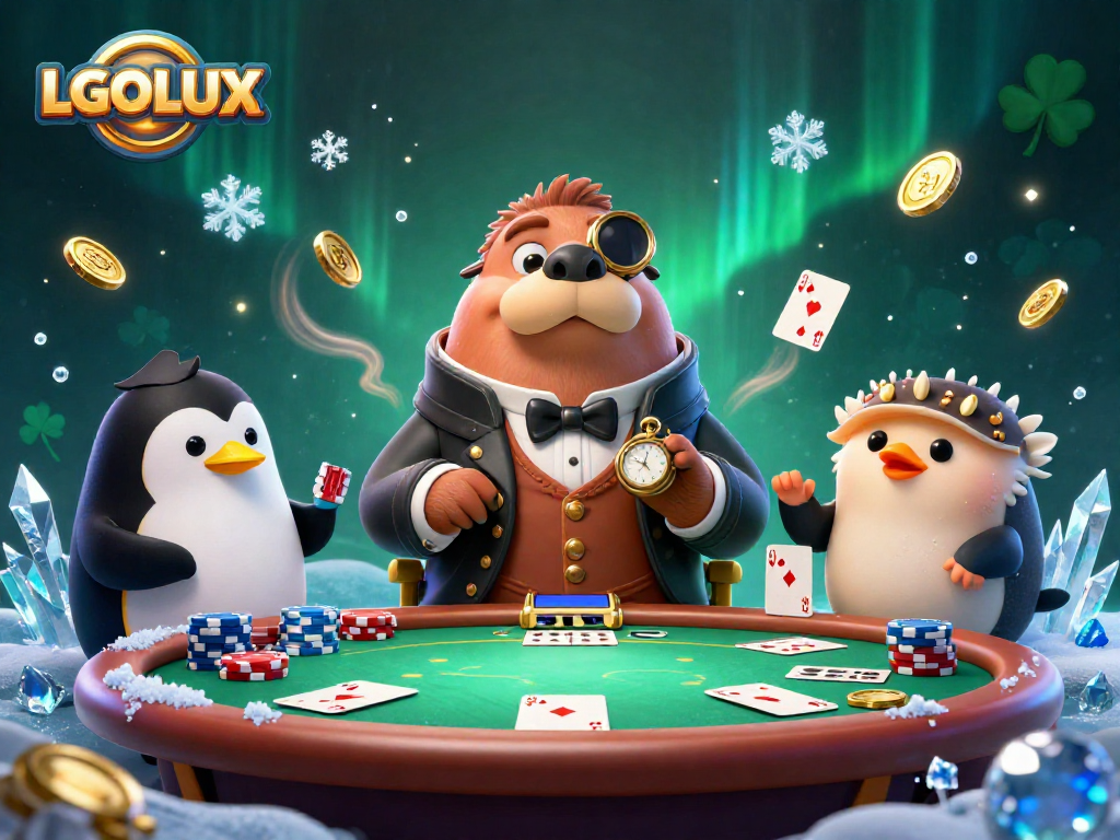 Experience poker excitement with LGOLUX in an underwater scene featuring a walrus, dealer penguin, and bluffing pufferfish.