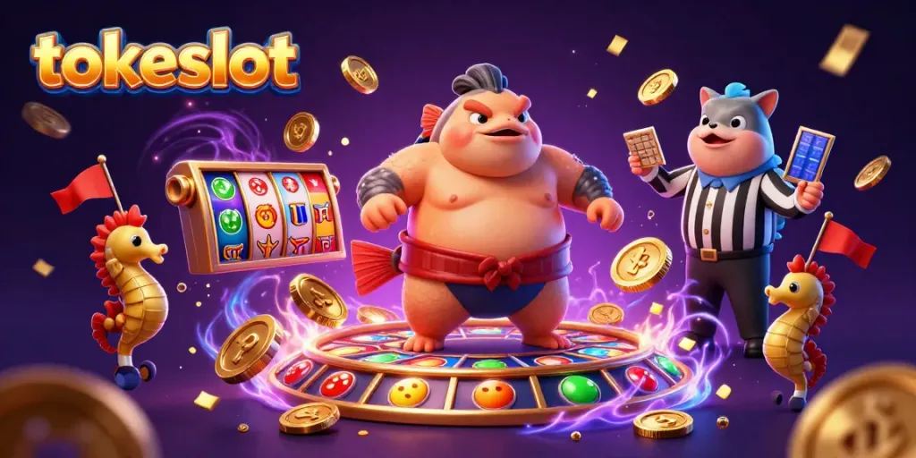 Engage with tokeslot's energetic casino vibe featuring vibrant slot reels, lively characters, and sparkly elements.