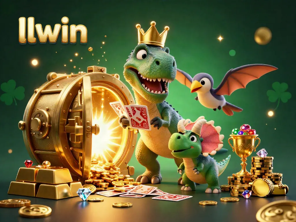 Experience thrilling gaming with LLWIN as a friendly T-Rex shuffles cards, surrounded by treasures and excitement.