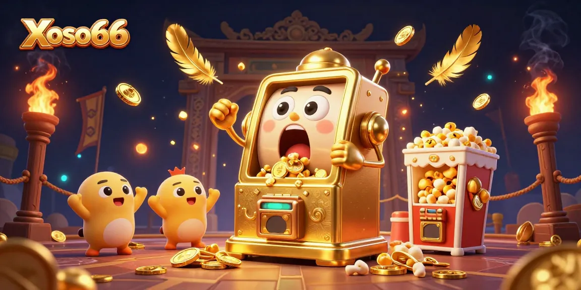 Xoso66 slot machine hits a jackpot, showering coins in a vibrant casino scene, filled with excitement.