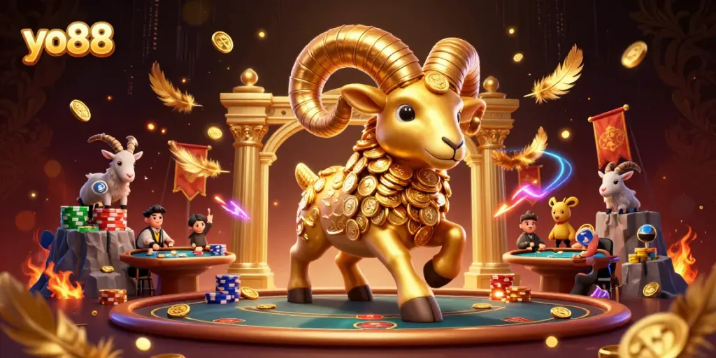 Experience thrilling gameplay at yo88 with a golden ram iconically charging through a casino setting.