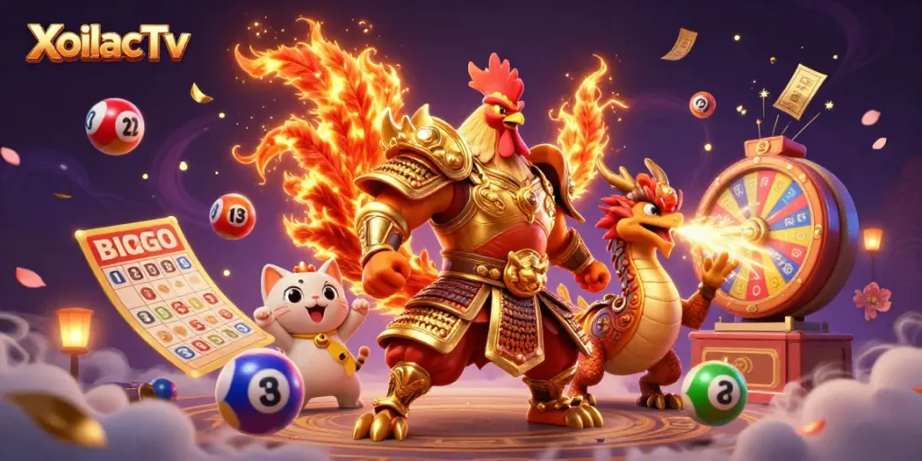 XoilacTv features a dynamic illustration with a fighting rooster warrior and dragon hatchling amidst colorful lottery game elements.