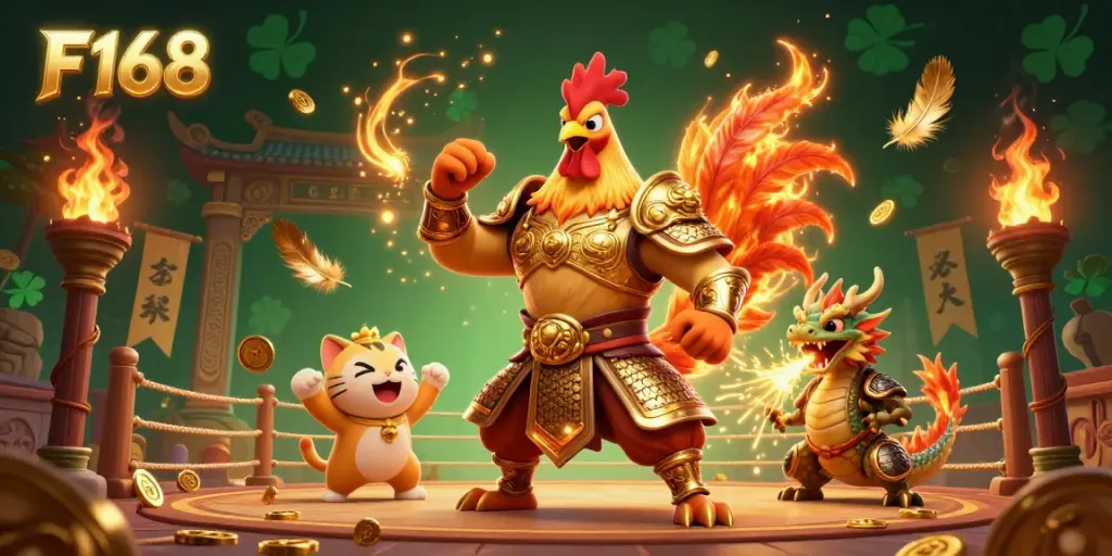 Bet on F168 with vibrant action featuring a cartoon fighting rooster and dragon in a dynamic casino scene.