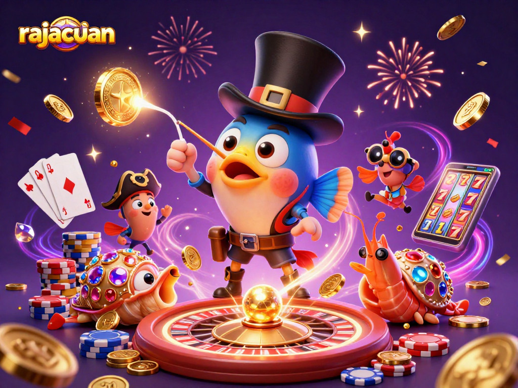 Engage with rajacuan's thrilling casino experience, featuring vibrant characters and dynamic elements.