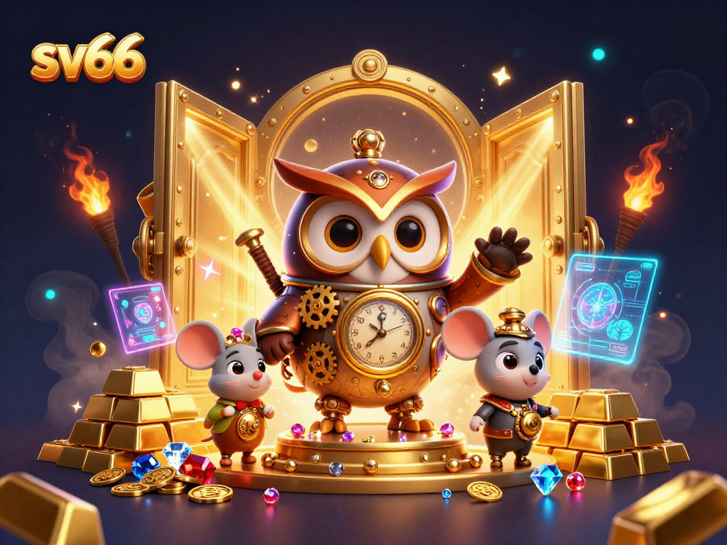 Engage in thrilling casino adventures with sv66's vibrant 3D illustration featuring a time-traveler owl.