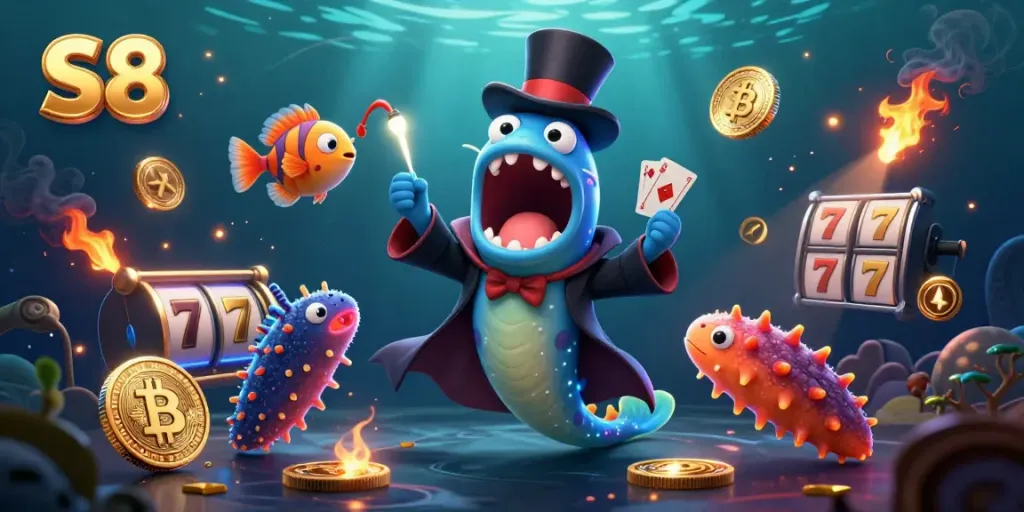 Experience the magic of S8 as a bioluminescent gulper eel performs card tricks in a vibrant underwater casino scene.