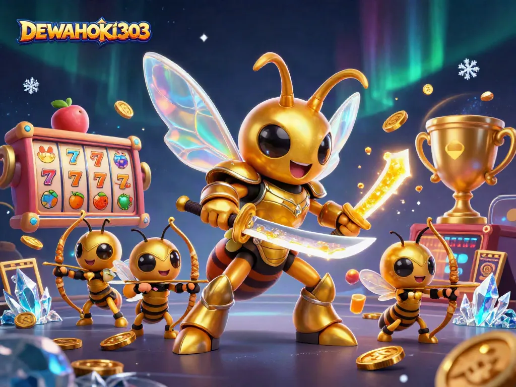 Mempersembahkan DEWAHOKI303, slot online menarik dengan simbol keberuntungan dan elemen kasino dalam ilustrasi 3D.