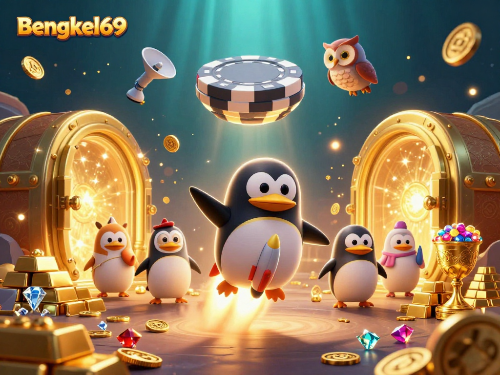 Experience excitement with Bengkel69 as a golden penguin approaches a casino space station.