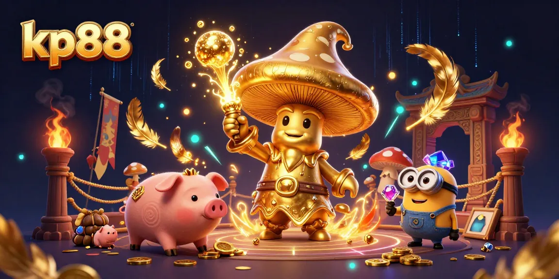 Engage with kp88's vibrant casino scene showcasing the whimsical wizard character and treasure hunting elements.