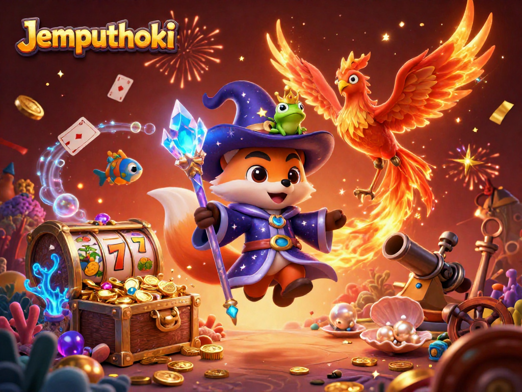Experience the thrilling world of Jemputhoki online gaming, featuring magical characters amidst vibrant casino elements.