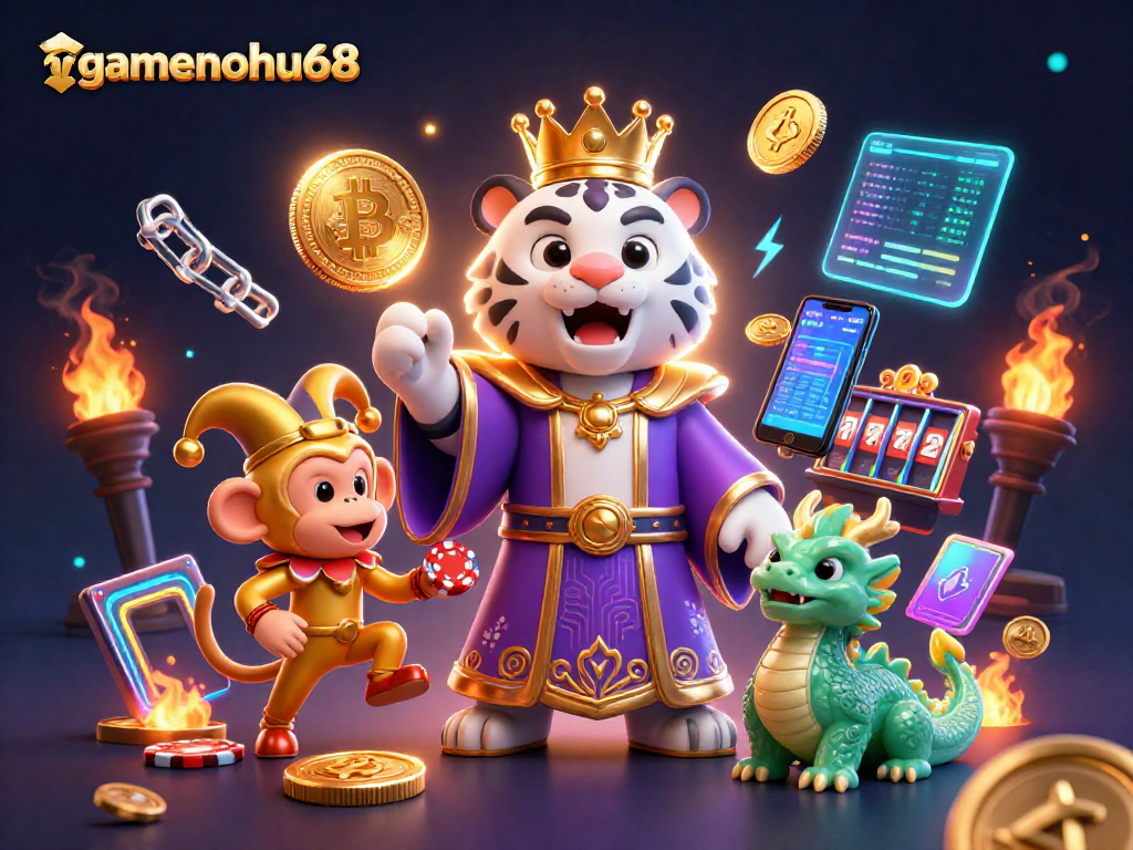 Experience gamenohu68 with a lively scene of vibrant casino elements and animated characters showcasing gaming excitement.
